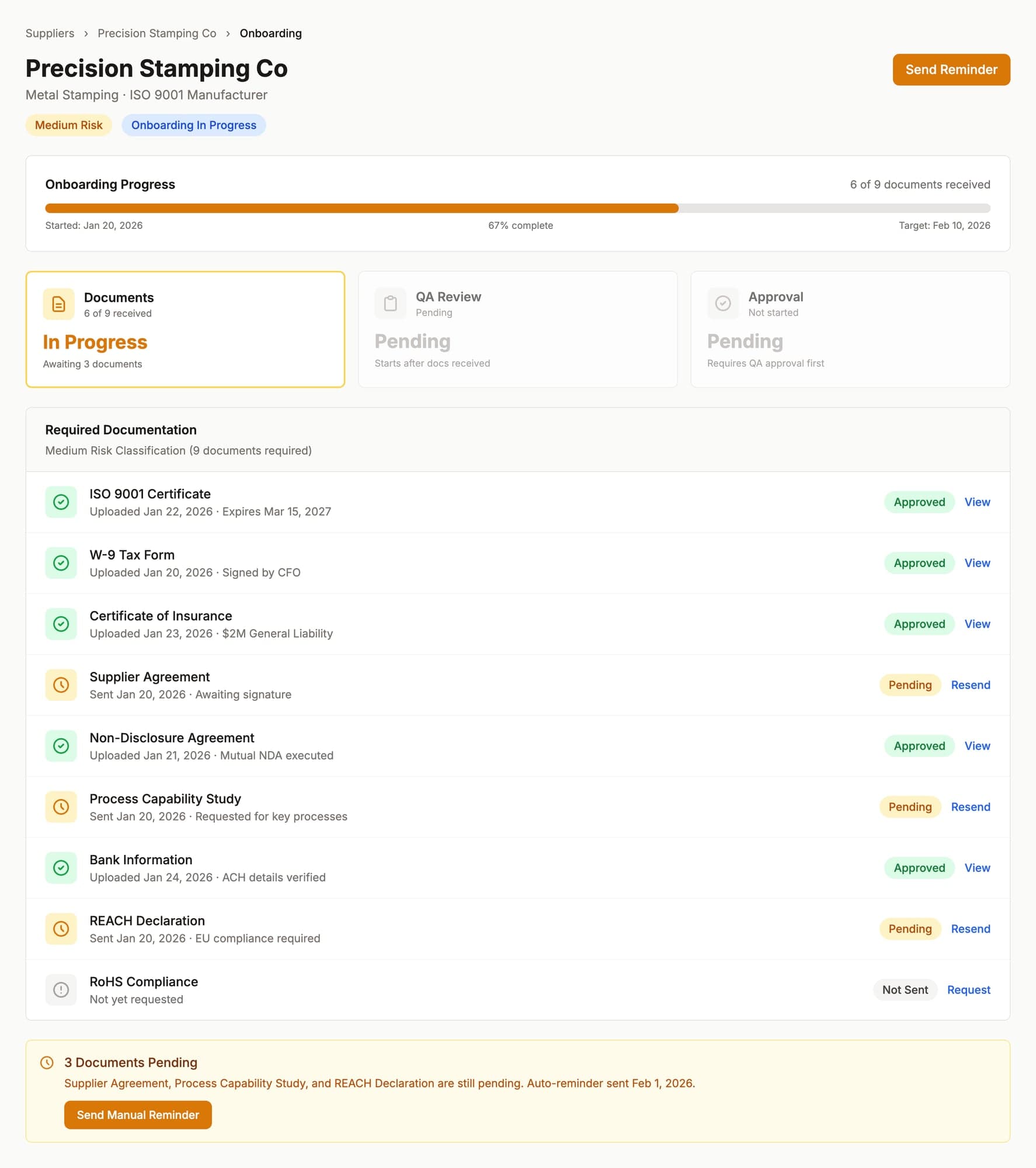 VendorWeave onboarding dashboard with ISO 9001 supplier qualification workflow
